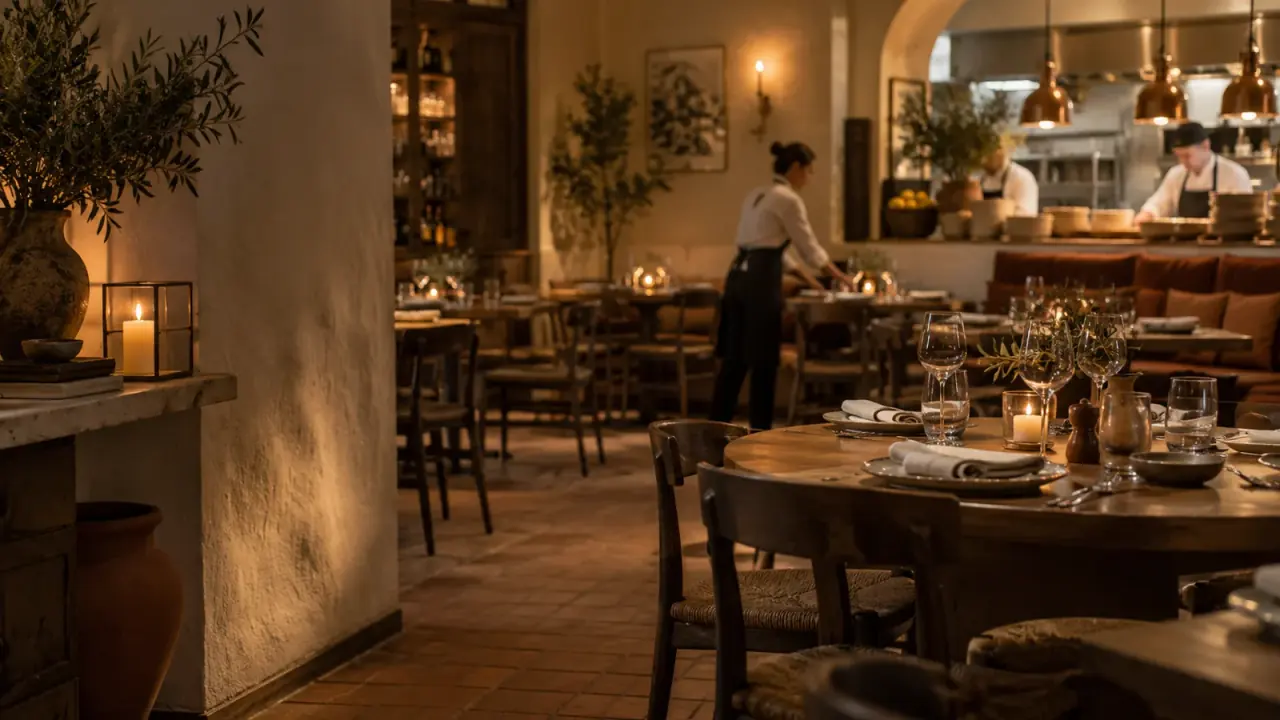 Sala di un ristorante a lume di candela, con un cameriere che prepara i tavoli per la cena.